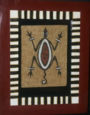 CUSTOM FRAMED Rare Tapa Kapa Bark Cloth (Kapa in Hawaii), from Lake Sentani, Irian Jaya, Papua New Guinea. Hand painted with natural pigments by a Tribal Artist: Abstract Geometric Stylized Turtle Motifs 9.75" x 7.75" (DFBA12)