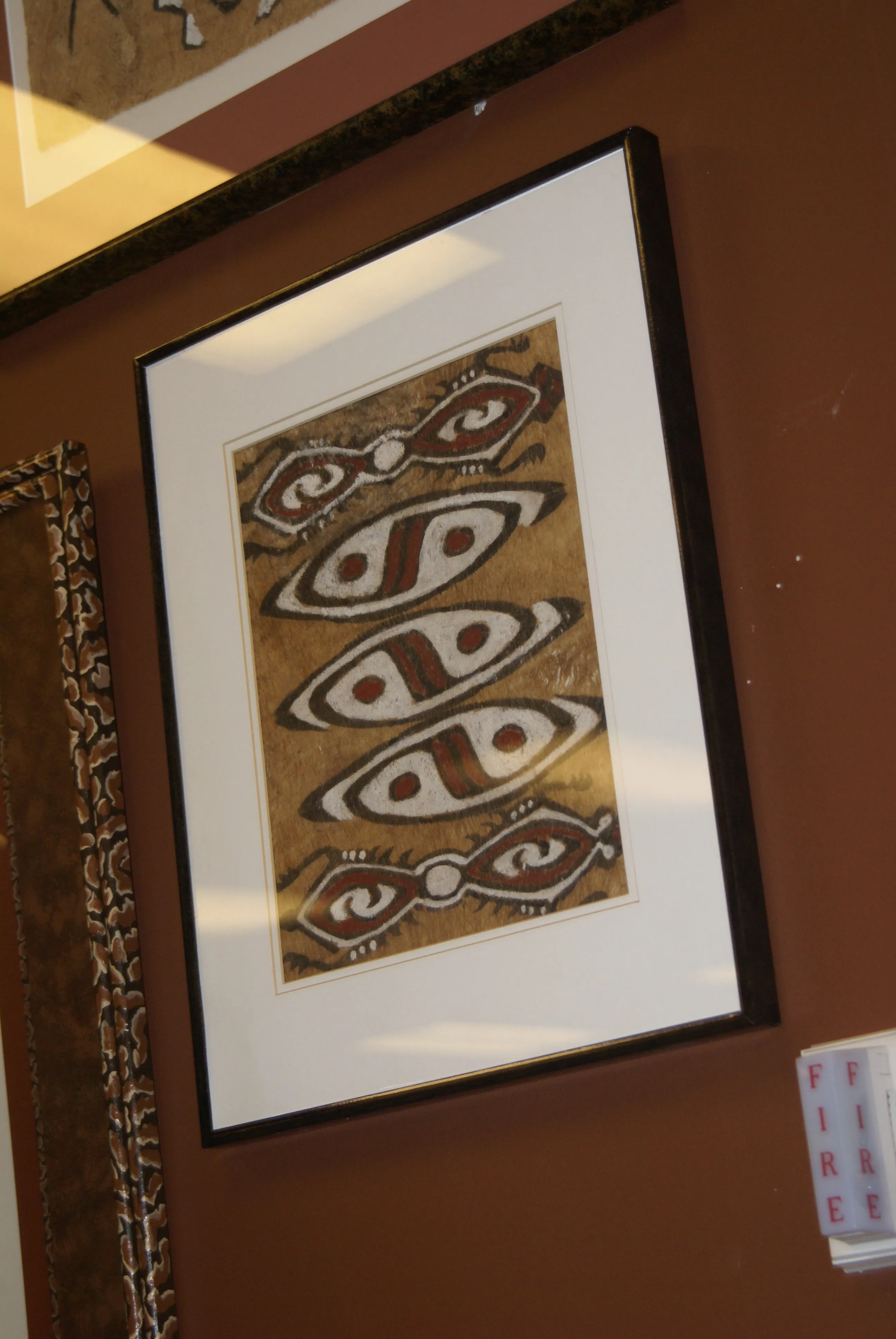 CUSTOM FRAMED Rare Tapa Kapa Bark Cloth (Kapa in Hawaii), from Lake Sentani, Irian Jaya, Papua New Guinea. Hand painted with natural pigments by a Tribal Artist: Abstract Geometric Stylized Turtle Motifs 9.75" x 7.75" (DFBA12)