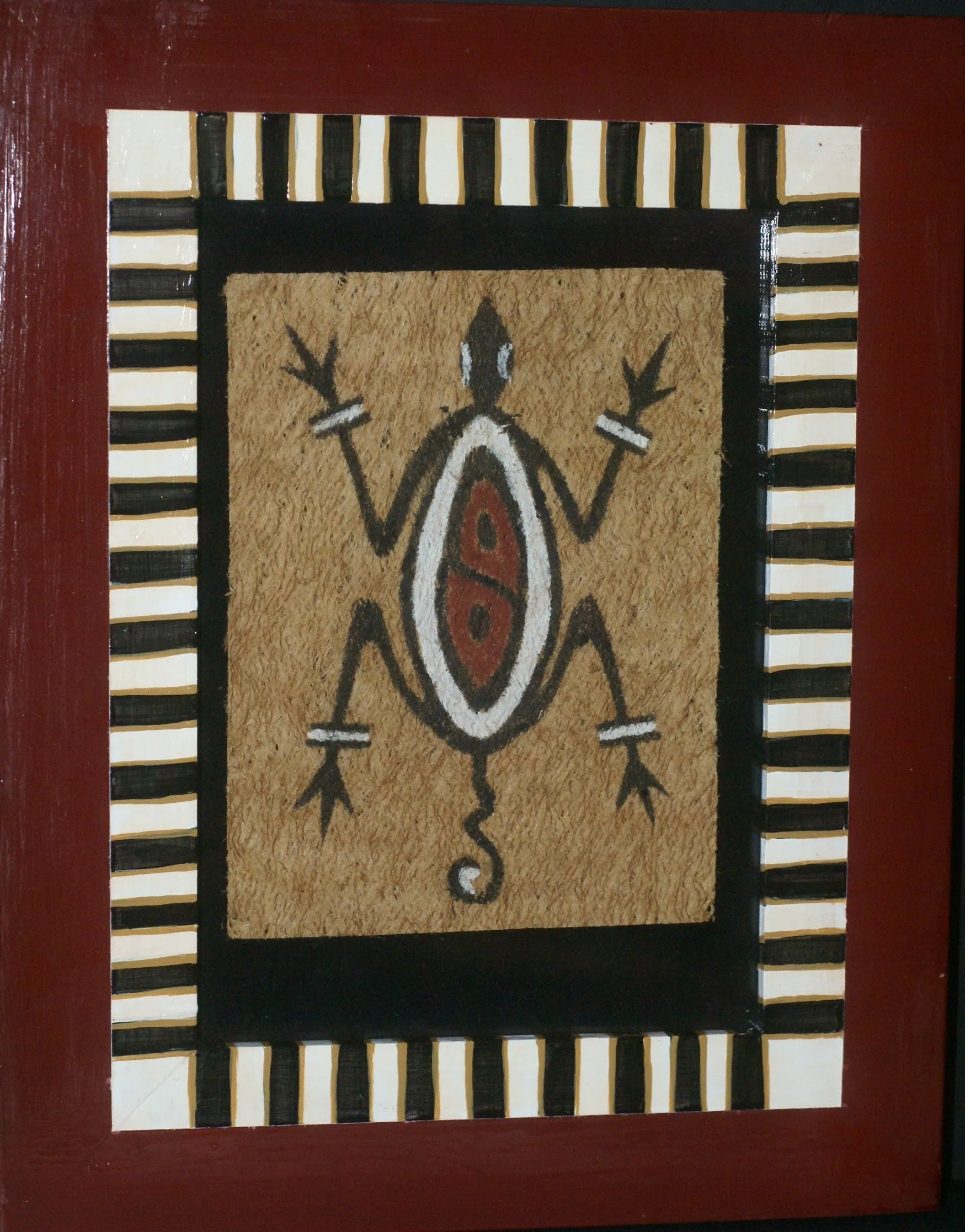 CUSTOM FRAMED Rare Tapa Kapa Bark Cloth (Kapa in Hawaii), from Lake Sentani, Irian Jaya, Papua New Guinea. Hand painted with natural pigments by a Tribal Artist: Abstract Geometric Stylized Turtle Motifs 9.75" x 7.75" (DFBA12)