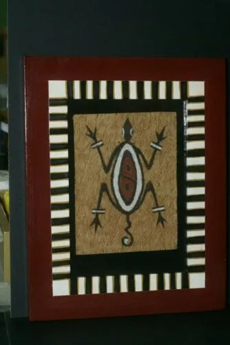 CUSTOM FRAMED Rare Tapa Kapa Bark Cloth (Kapa in Hawaii), from Lake Sentani, Irian Jaya, Papua New Guinea. Hand painted with natural pigments by a Tribal Artist: Abstract Geometric Stylized Turtle Motifs 9.75" x 7.75" (DFBA12)