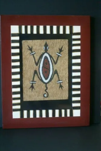 CUSTOM FRAMED Rare Tapa Kapa Bark Cloth (Kapa in Hawaii), from Lake Sentani, Irian Jaya, Papua New Guinea. Hand painted with natural pigments by a Tribal Artist: Abstract Geometric Stylized Turtle Motifs 9.75" x 7.75" (DFBA12)