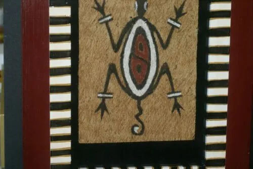 CUSTOM FRAMED Rare Tapa Kapa Bark Cloth (Kapa in Hawaii), from Lake Sentani, Irian Jaya, Papua New Guinea. Hand painted with natural pigments by a Tribal Artist: Abstract Geometric Stylized Turtle Motifs 9.75" x 7.75" (DFBA12)