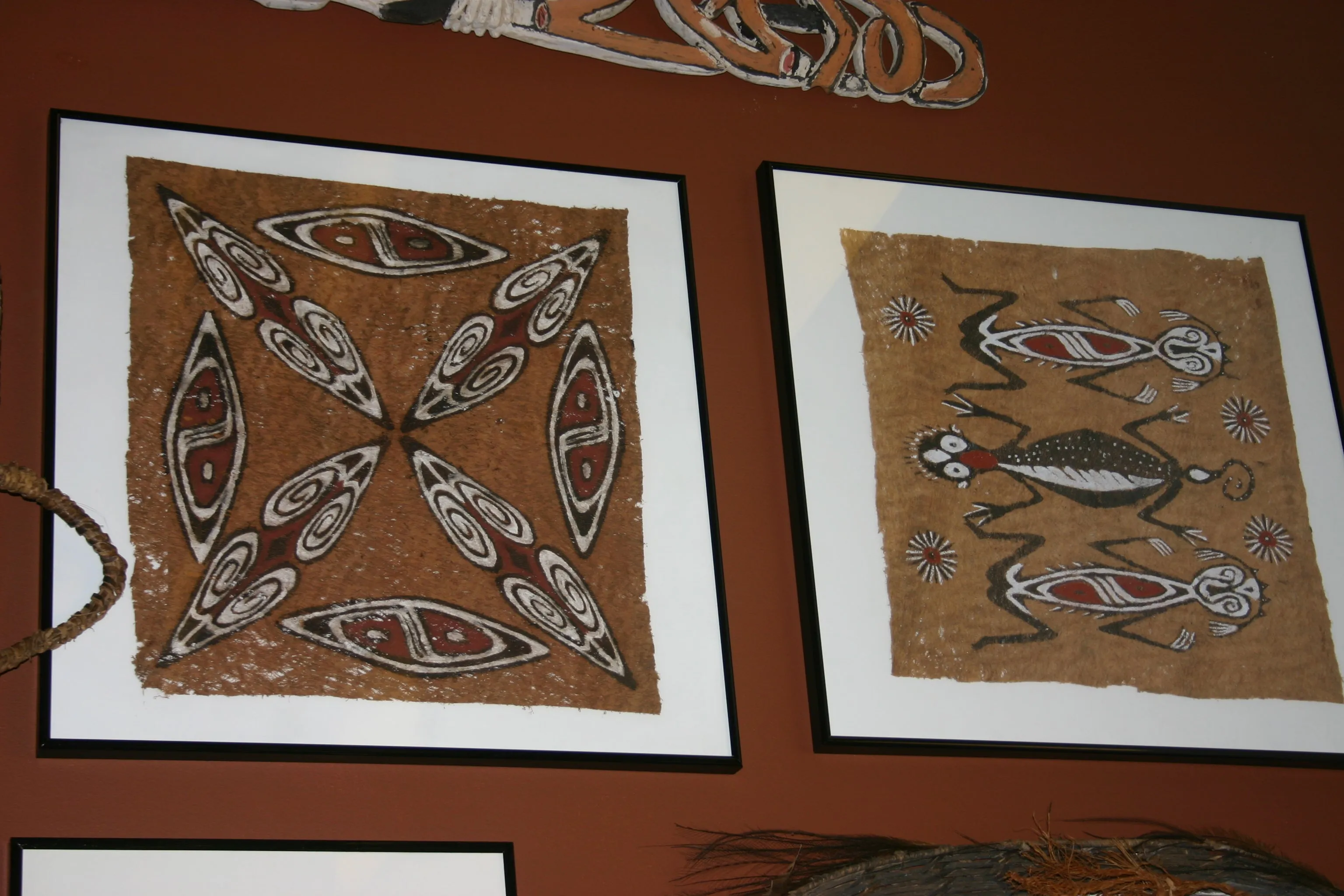CUSTOM FRAMED Rare Tapa Kapa Bark Cloth (Kapa in Hawaii), from Lake Sentani, Irian Jaya, Papua New Guinea. Hand painted with natural pigments by a Tribal Artist: Abstract Geometric Stylized Turtle Motifs 9.75" x 7.75" (DFBA12)