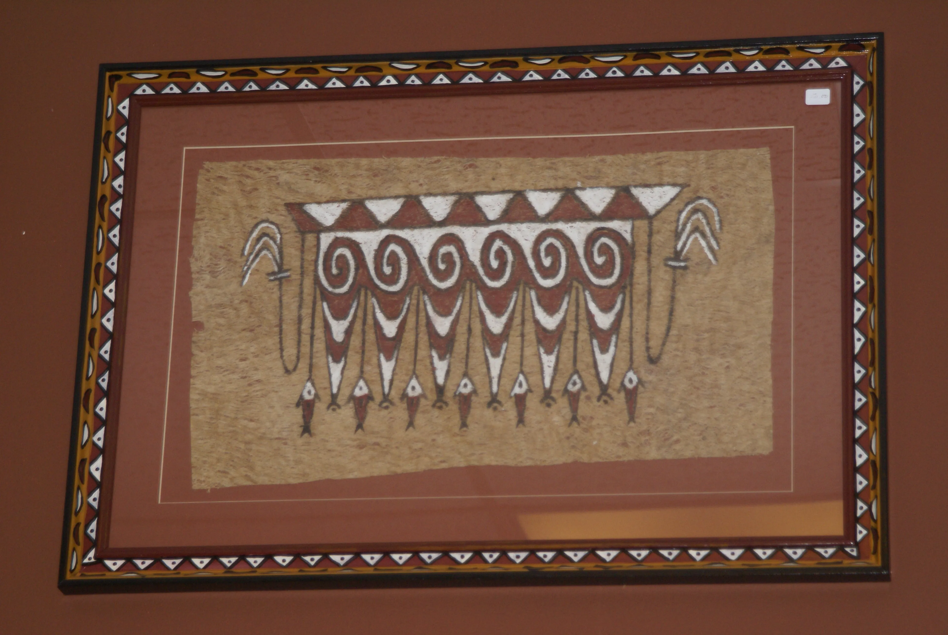 CUSTOM FRAMED Rare Tapa Kapa Bark Cloth (Kapa in Hawaii), from Lake Sentani, Irian Jaya, Papua New Guinea. Hand painted with natural pigments by a Tribal Artist: Abstract Geometric Stylized Turtle Motifs 9.75" x 7.75" (DFBA12)