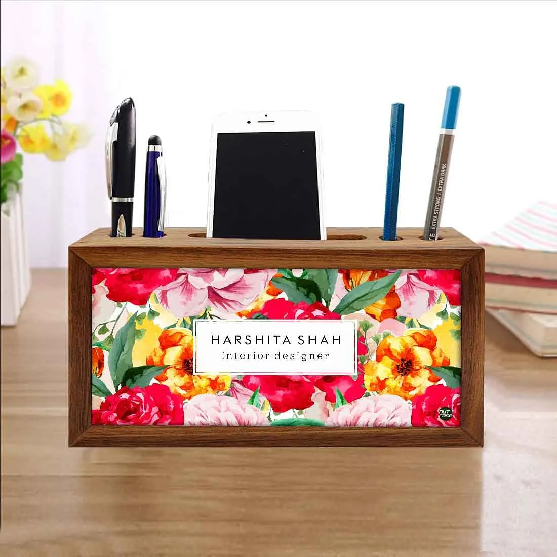 Custom Wooden office desk organizer - Colorful Red Roses