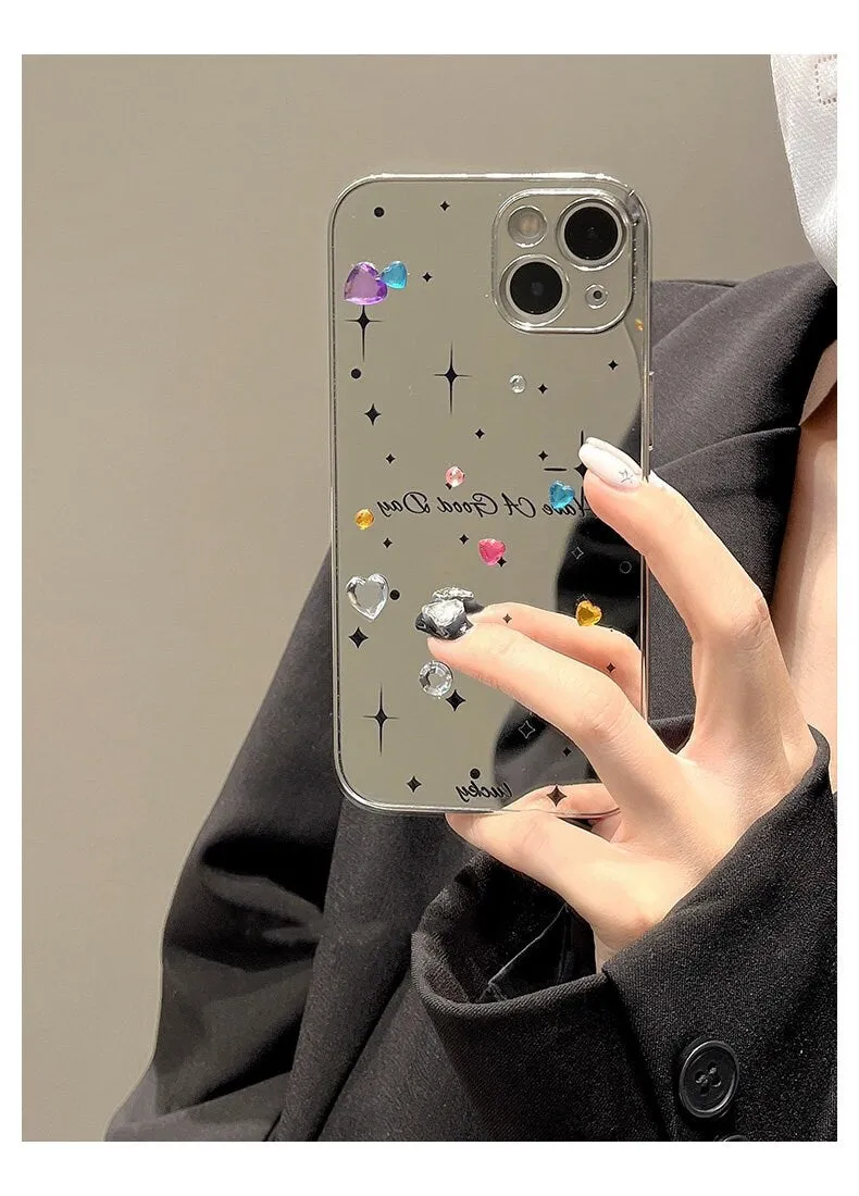 Cute Electroplated Silver Studded Rhinestone Bling Mirror Design Protective Shockproof Phone Case for iPhone 11 12 13 14 15 Pro Max Case