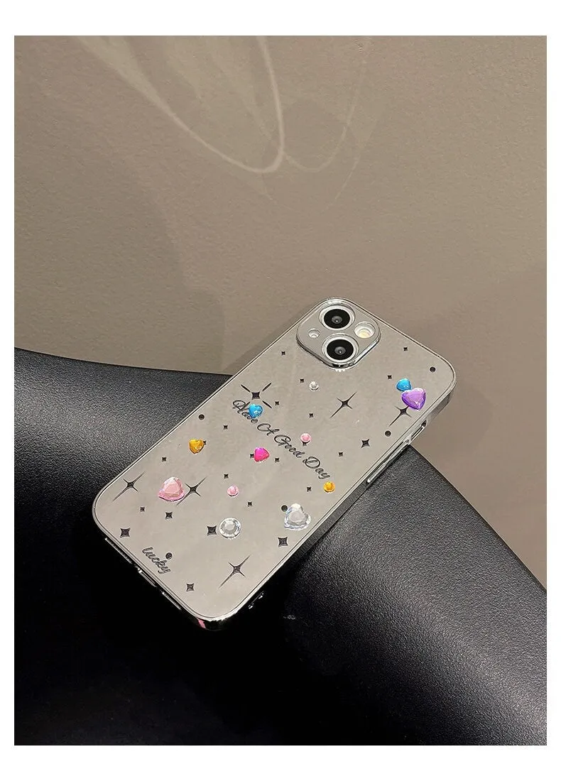 Cute Electroplated Silver Studded Rhinestone Bling Mirror Design Protective Shockproof Phone Case for iPhone 11 12 13 14 15 Pro Max Case