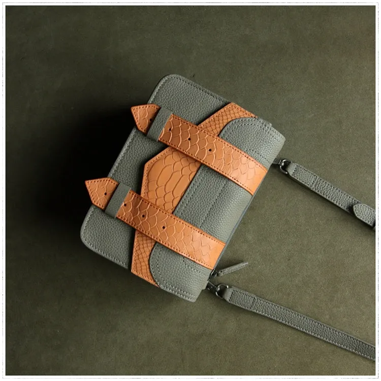 Cute Womens Gray&Green Leather Shoulder Purse Small Leather Shoulder Bag Crossbody Purse for Ladies