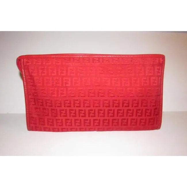 Fendi Smalll F Logo Make Up Red Zucchino Print Canvas And Leather Clutch