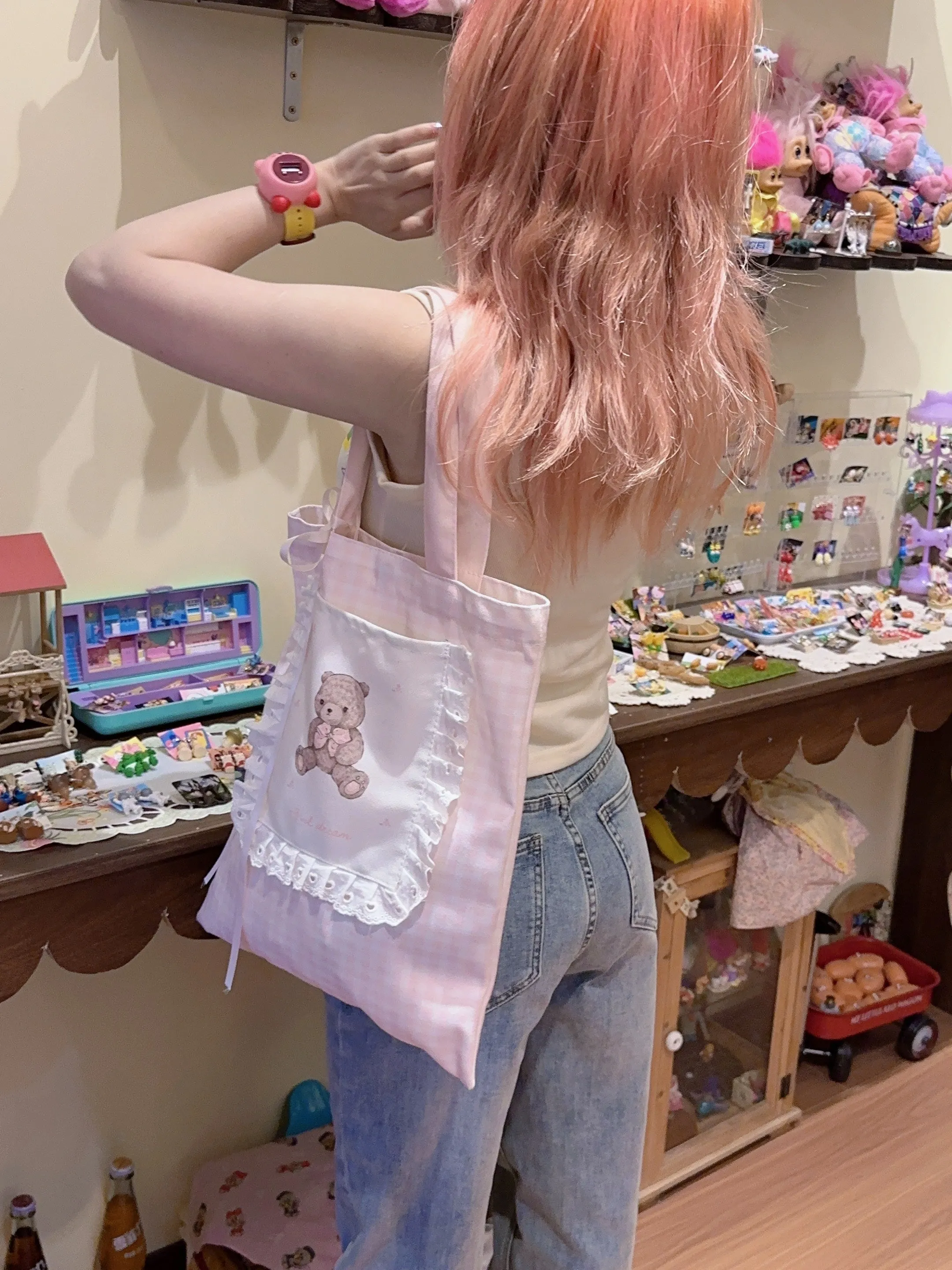 Girl's Dream Teddy Bear Cute Coquette Girl Tote Bag
