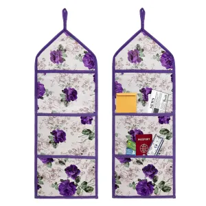 Heart Home Paper Holder | Foldable Hanging Organizer | PVC Purple Flower Document Holder | Wall Hanging Organizer with 3 Pocket | Pack of 2 | White