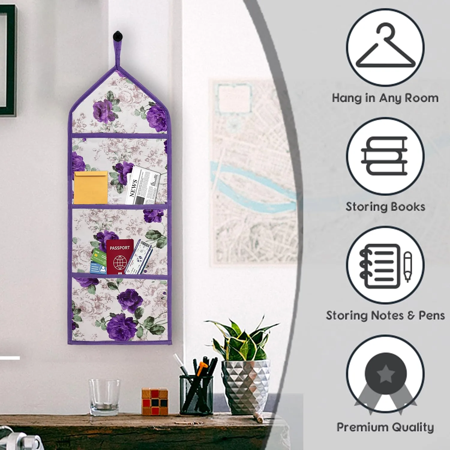 Heart Home Paper Holder | Foldable Hanging Organizer | PVC Purple Flower Document Holder | Wall Hanging Organizer with 3 Pocket | Pack of 2 | White