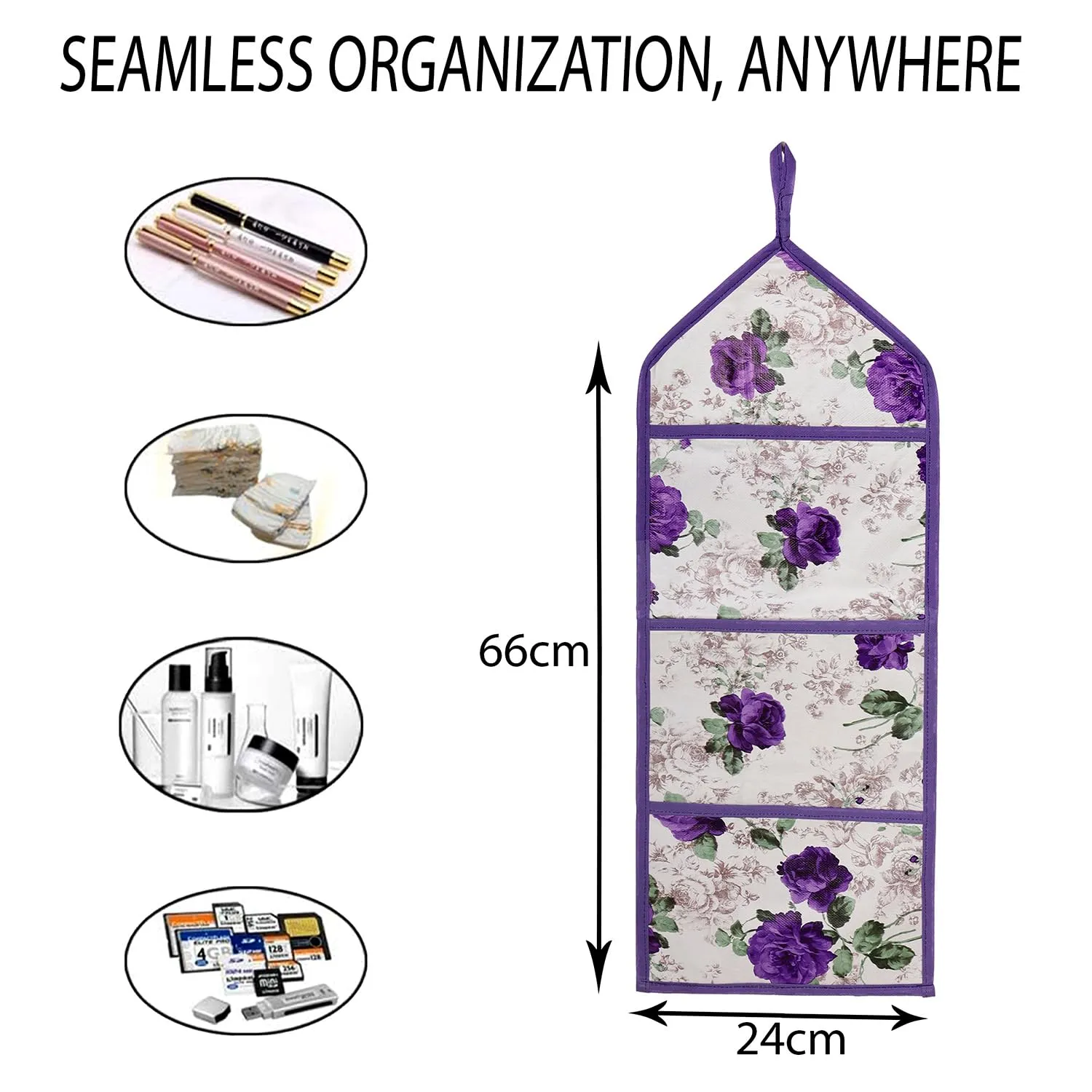 Heart Home Paper Holder | Foldable Hanging Organizer | PVC Purple Flower Document Holder | Wall Hanging Organizer with 3 Pocket | Pack of 2 | White