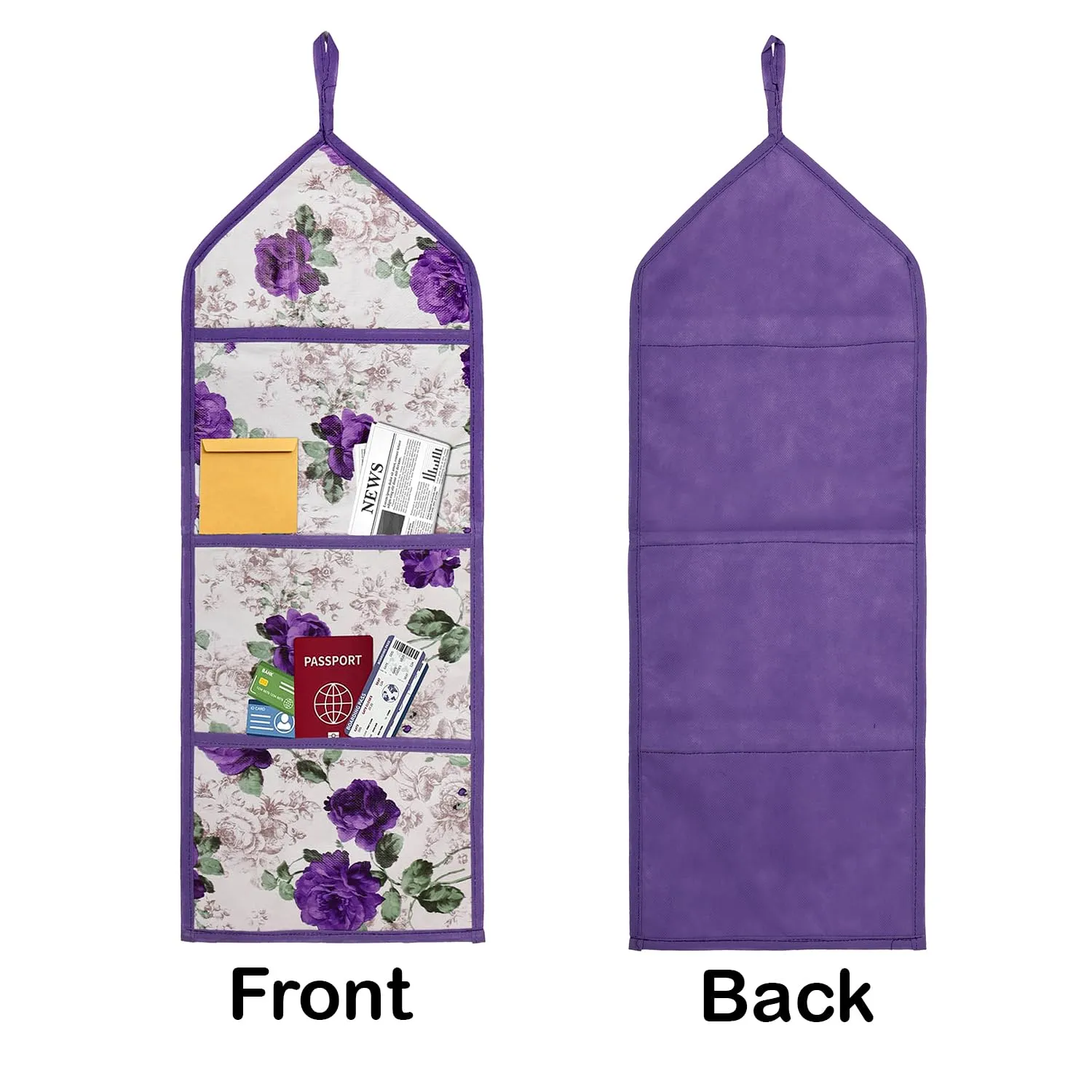 Heart Home Paper Holder | Foldable Hanging Organizer | PVC Purple Flower Document Holder | Wall Hanging Organizer with 3 Pocket | Pack of 2 | White