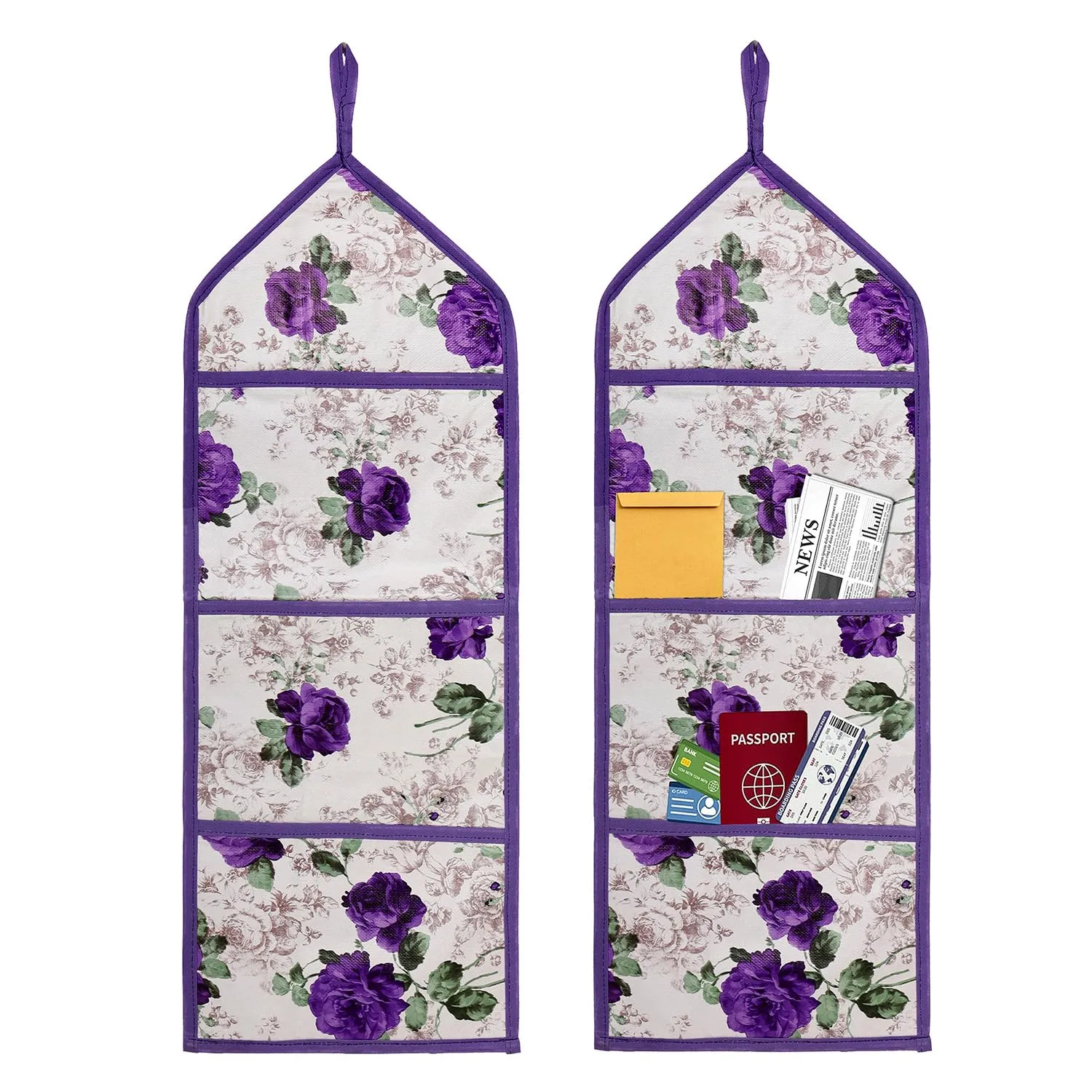 Heart Home Paper Holder | Foldable Hanging Organizer | PVC Purple Flower Document Holder | Wall Hanging Organizer with 3 Pocket | Pack of 2 | White