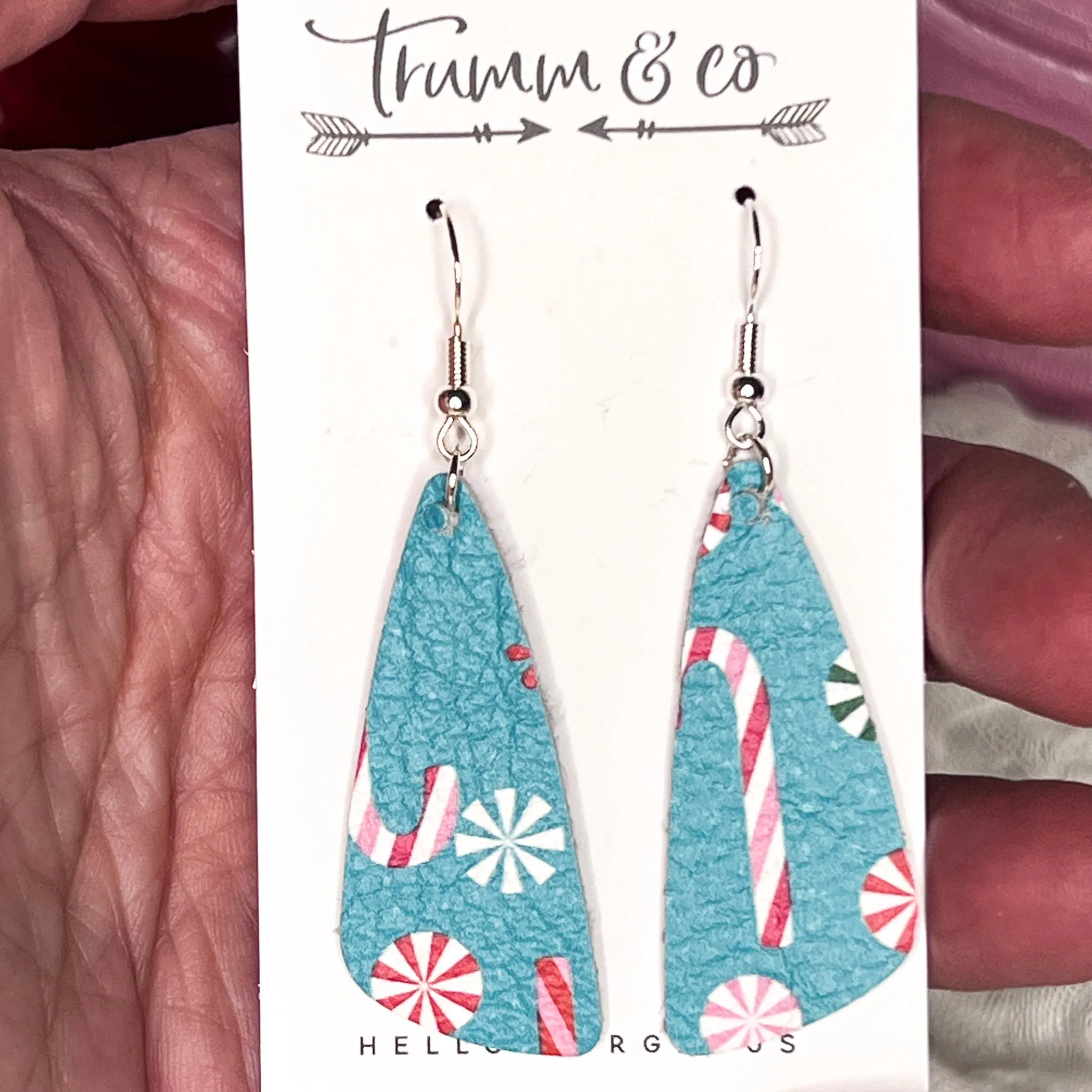 Holiday Earrings|Aqua Blue Leather Candy Cane Blizzard Earrings