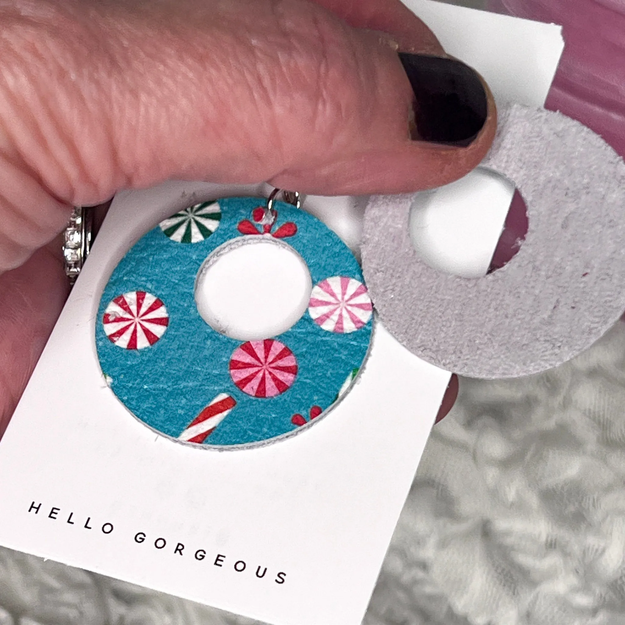 Holiday Earrings|Aqua Blue Leather Candy Cane Blizzard Earrings