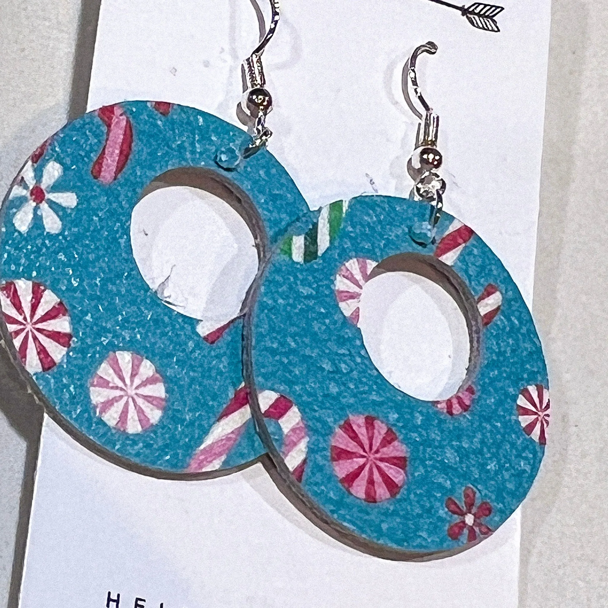 Holiday Earrings|Aqua Blue Leather Candy Cane Blizzard Earrings