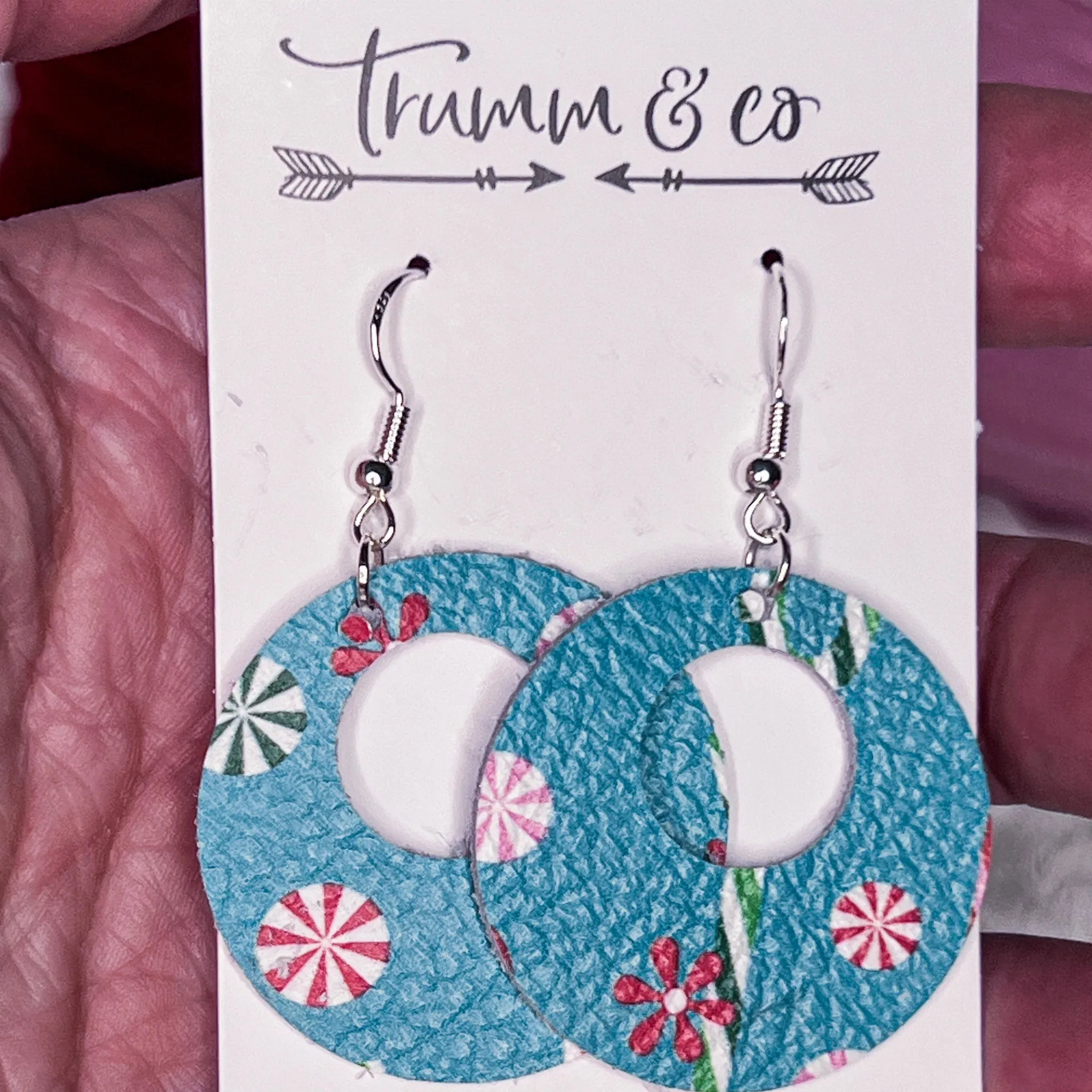 Holiday Earrings|Aqua Blue Leather Candy Cane Blizzard Earrings