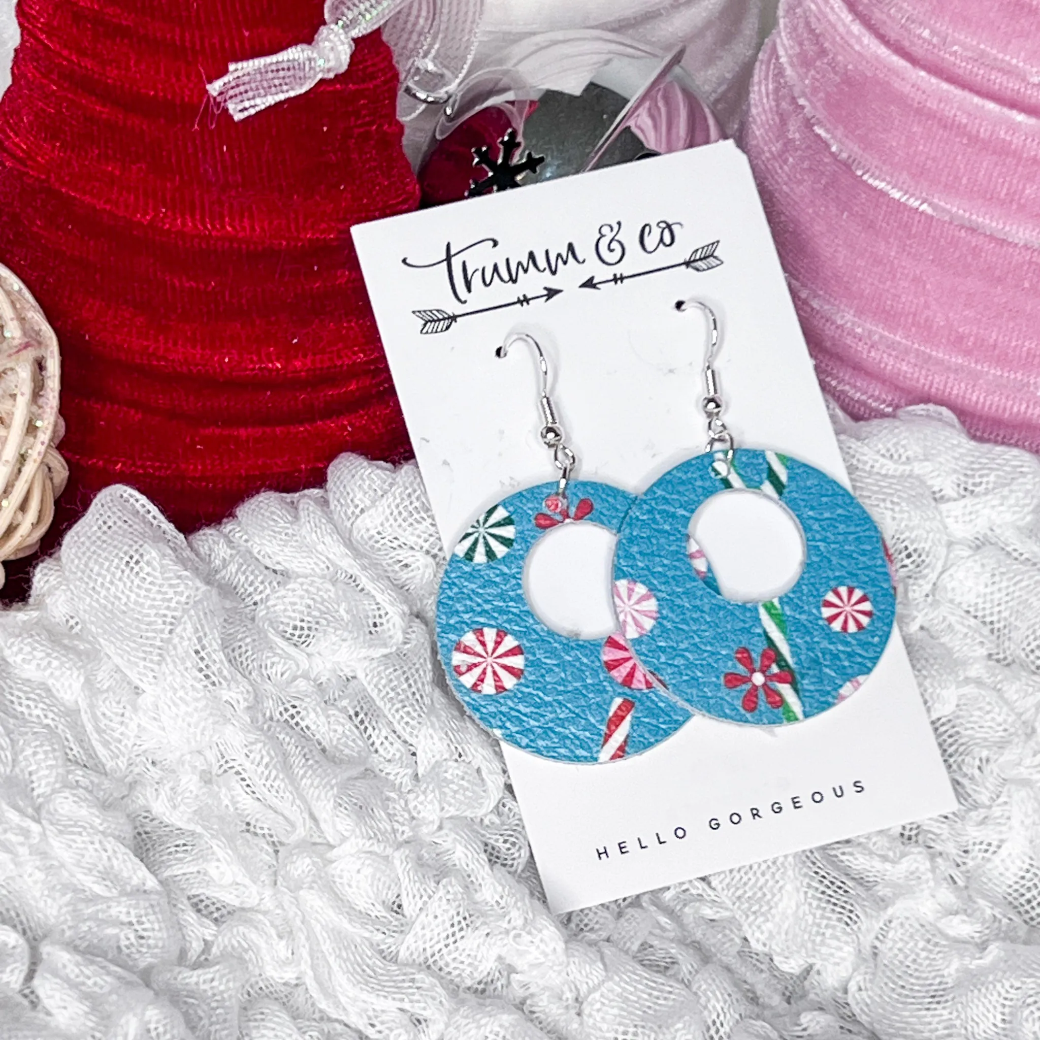 Holiday Earrings|Aqua Blue Leather Candy Cane Blizzard Earrings
