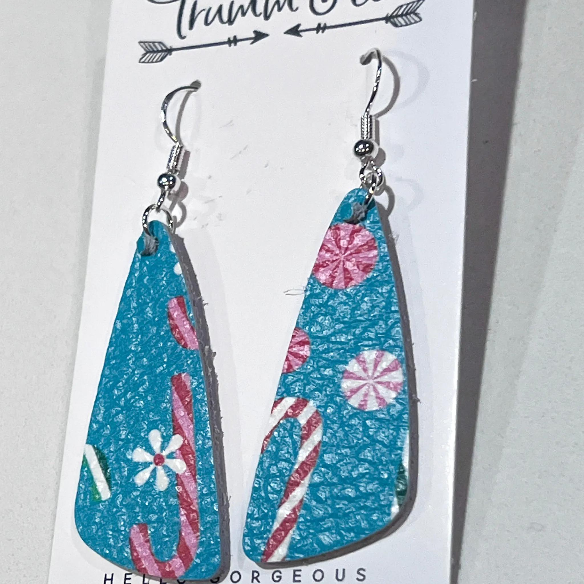 Holiday Earrings|Aqua Blue Leather Candy Cane Blizzard Earrings