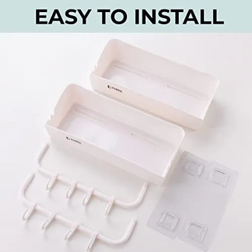 Kuber Industries Bathroom & Kitchen Organizer with Hooks for Hanging Kitchen & Bathroom Accessories|Multi-use Rectangular Wall Shelves|Self-Adhesive PP|A2912|Set of 2|White (Pack of 5)