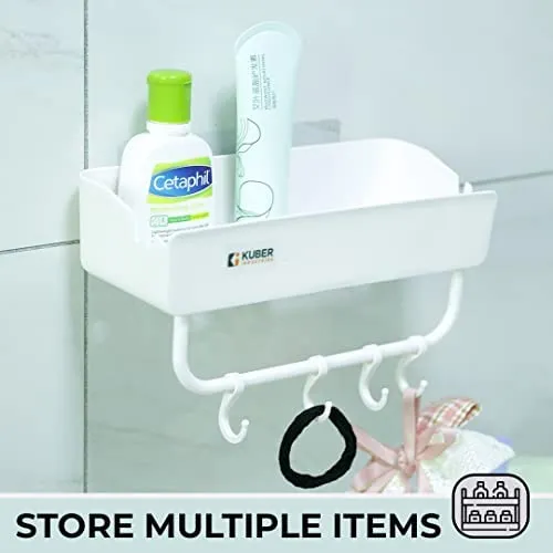 Kuber Industries Bathroom & Kitchen Organizer with Hooks for Hanging Kitchen & Bathroom Accessories|Multi-use Rectangular Wall Shelves|Self-Adhesive PP|A2912|Set of 2|White (Pack of 5)