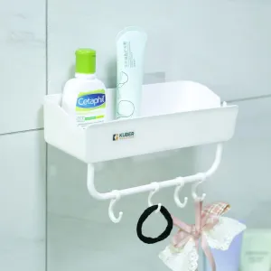 Kuber Industries Bathroom & Kitchen Organizer with Hooks for Hanging Kitchen & Bathroom Accessories|Multi-use Rectangular Wall Shelves|Self-Adhesive PP|A2912|Set of 2|White (Pack of 5)