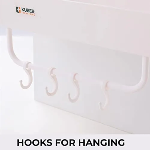 Kuber Industries Bathroom & Kitchen Organizer with Hooks for Hanging Kitchen & Bathroom Accessories|Multi-use Rectangular Wall Shelves|Self-Adhesive PP|A2912|Set of 2|White (Pack of 5)