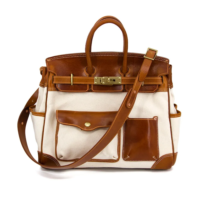 Large Canvas Leather Travel Bag, Genuine Leather Canvas Travel  Birkin Style Bag, 16.5in length -i7bags