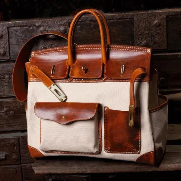Large Canvas Leather Travel Bag, Genuine Leather Canvas Travel  Birkin Style Bag, 16.5in length -i7bags