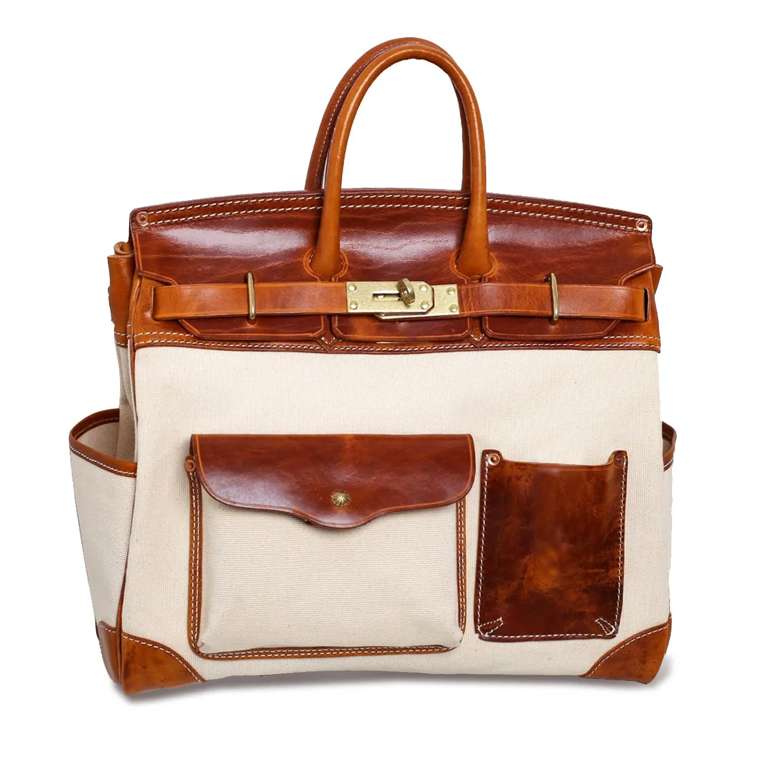 Large Canvas Leather Travel Bag, Genuine Leather Canvas Travel  Birkin Style Bag, 16.5in length -i7bags