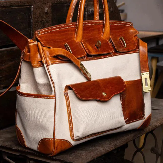 Large Canvas Leather Travel Bag, Genuine Leather Canvas Travel  Birkin Style Bag, 16.5in length -i7bags