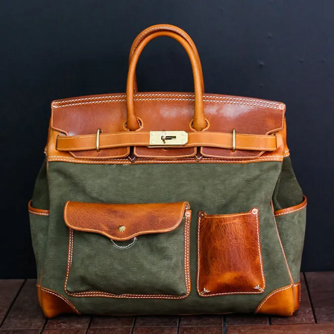 Large Canvas Leather Travel Bag, Genuine Leather Canvas Travel  Birkin Style Bag, 16.5in length -i7bags
