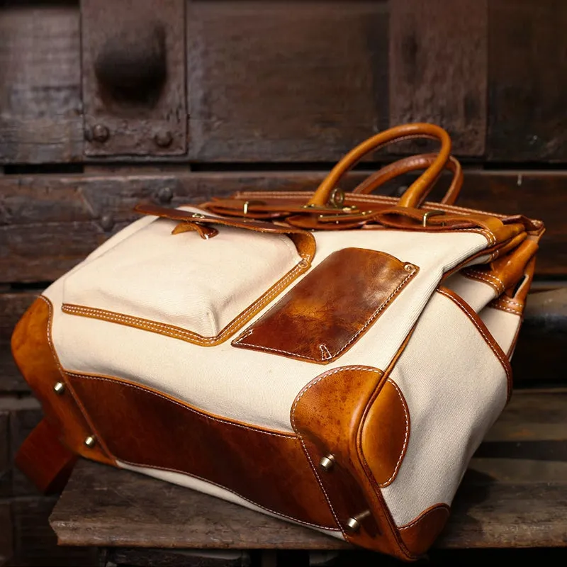 Large Canvas Leather Travel Bag, Genuine Leather Canvas Travel  Birkin Style Bag, 16.5in length -i7bags