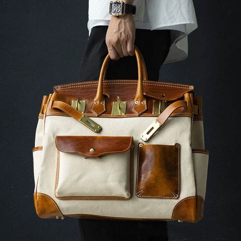 Large Canvas Leather Travel Bag, Genuine Leather Canvas Travel  Birkin Style Bag, 16.5in length -i7bags