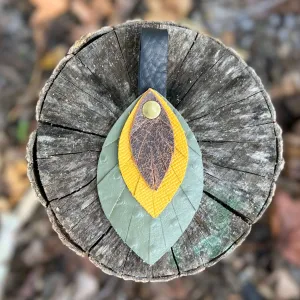 Leather Feather Bag Charm - Brown, Yellow and Green