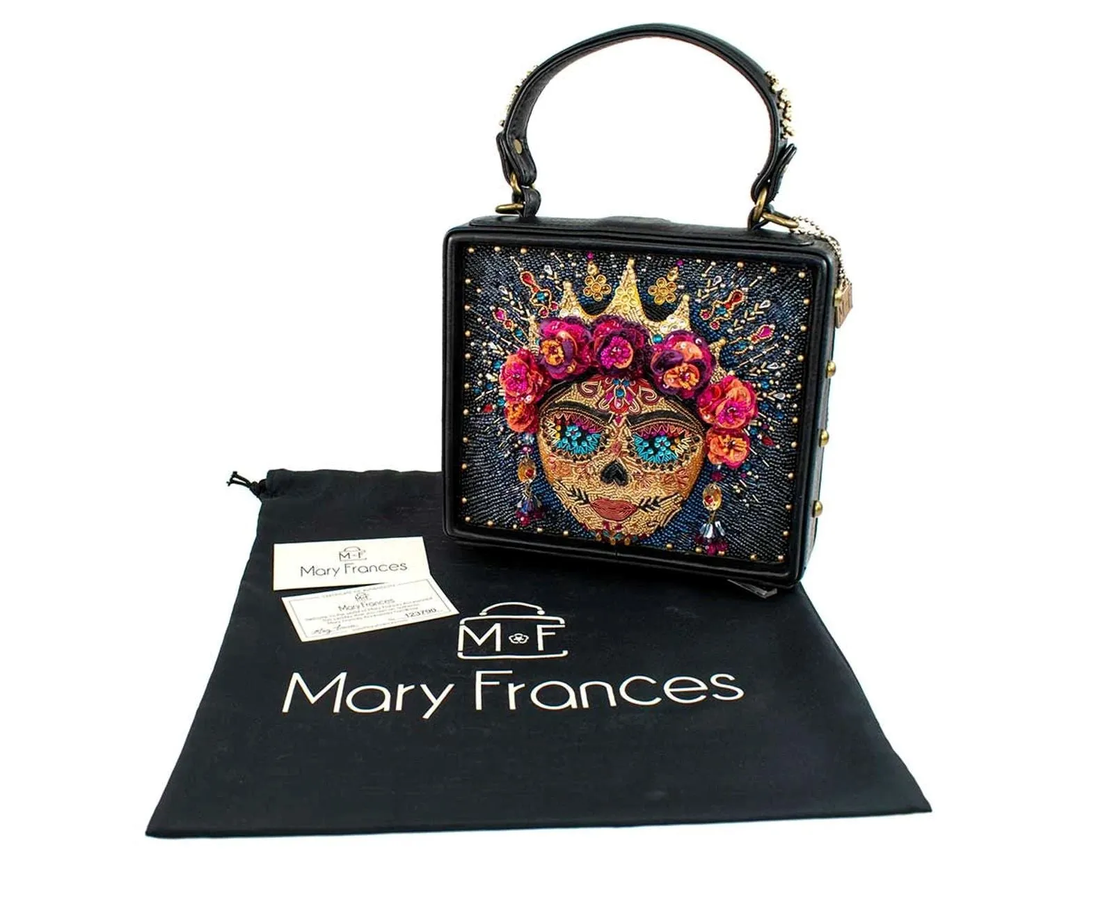 Mary Frances La Reina Top Handle Handbag Beaded Purse Floral Black Gold Bag NEW