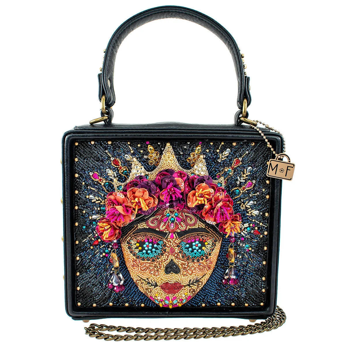 Mary Frances La Reina Top Handle Handbag Beaded Purse Floral Black Gold Bag NEW