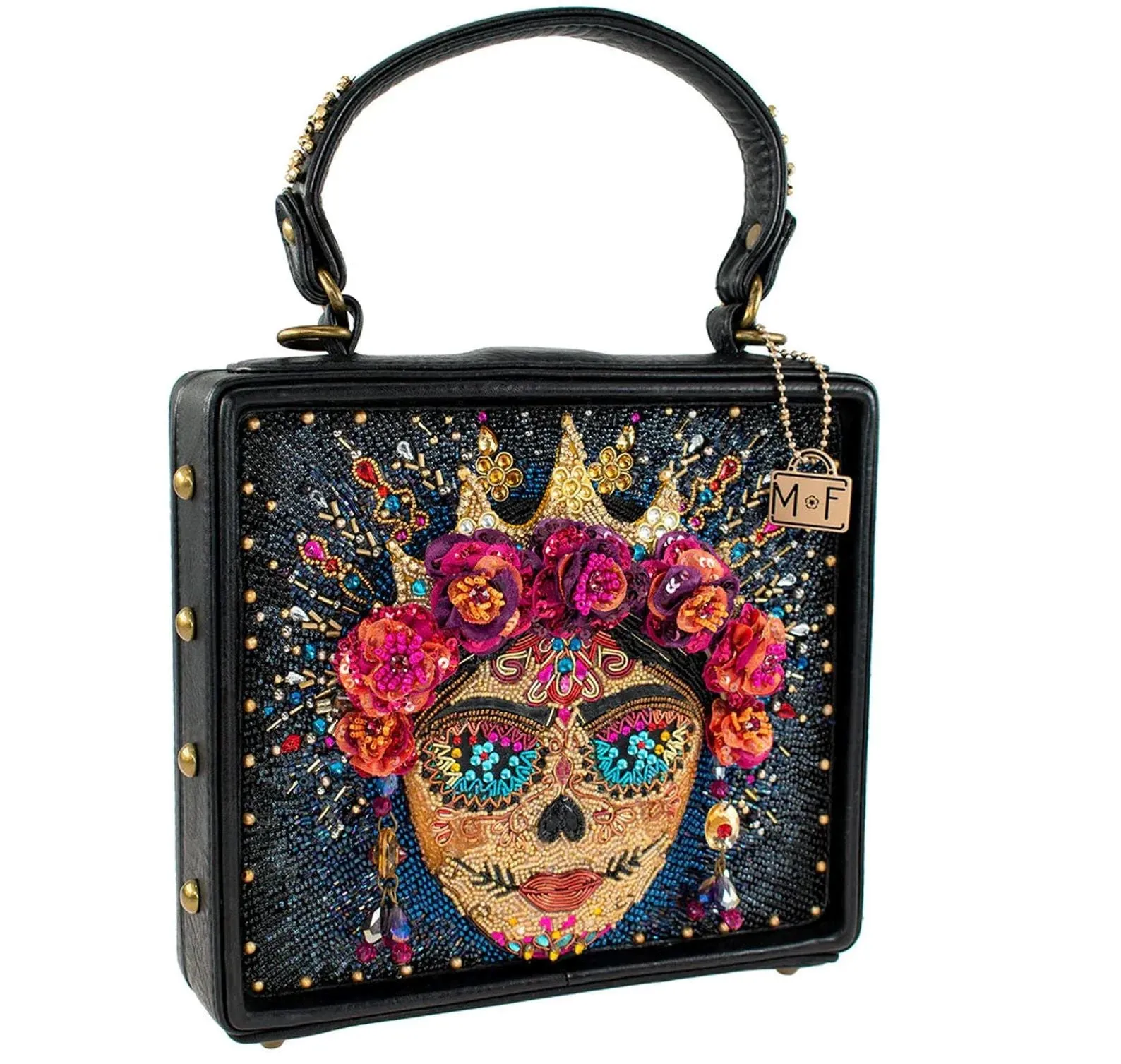 Mary Frances La Reina Top Handle Handbag Beaded Purse Floral Black Gold Bag NEW