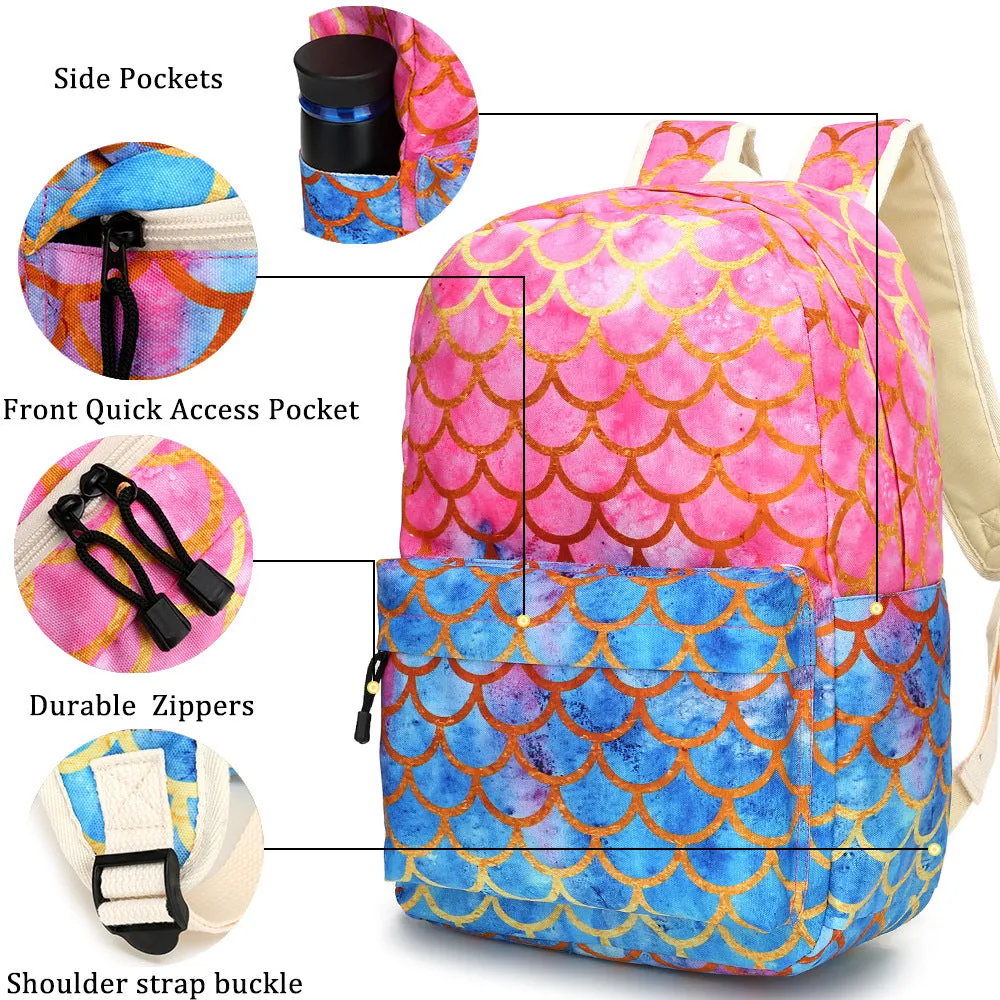 Mermaid Elementary School Backpack Set for Girls Cute Bookbag with Lunch Bag Pencil Case