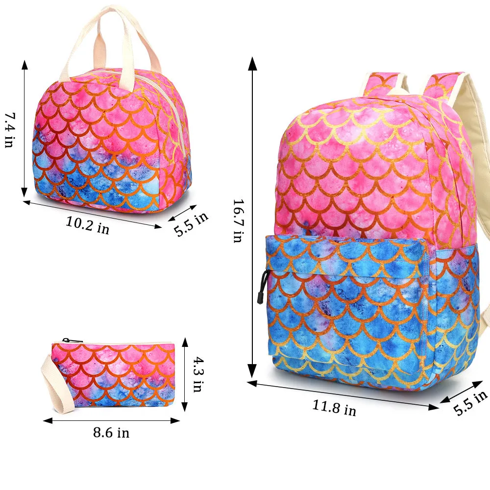 Mermaid Elementary School Backpack Set for Girls Cute Bookbag with Lunch Bag Pencil Case
