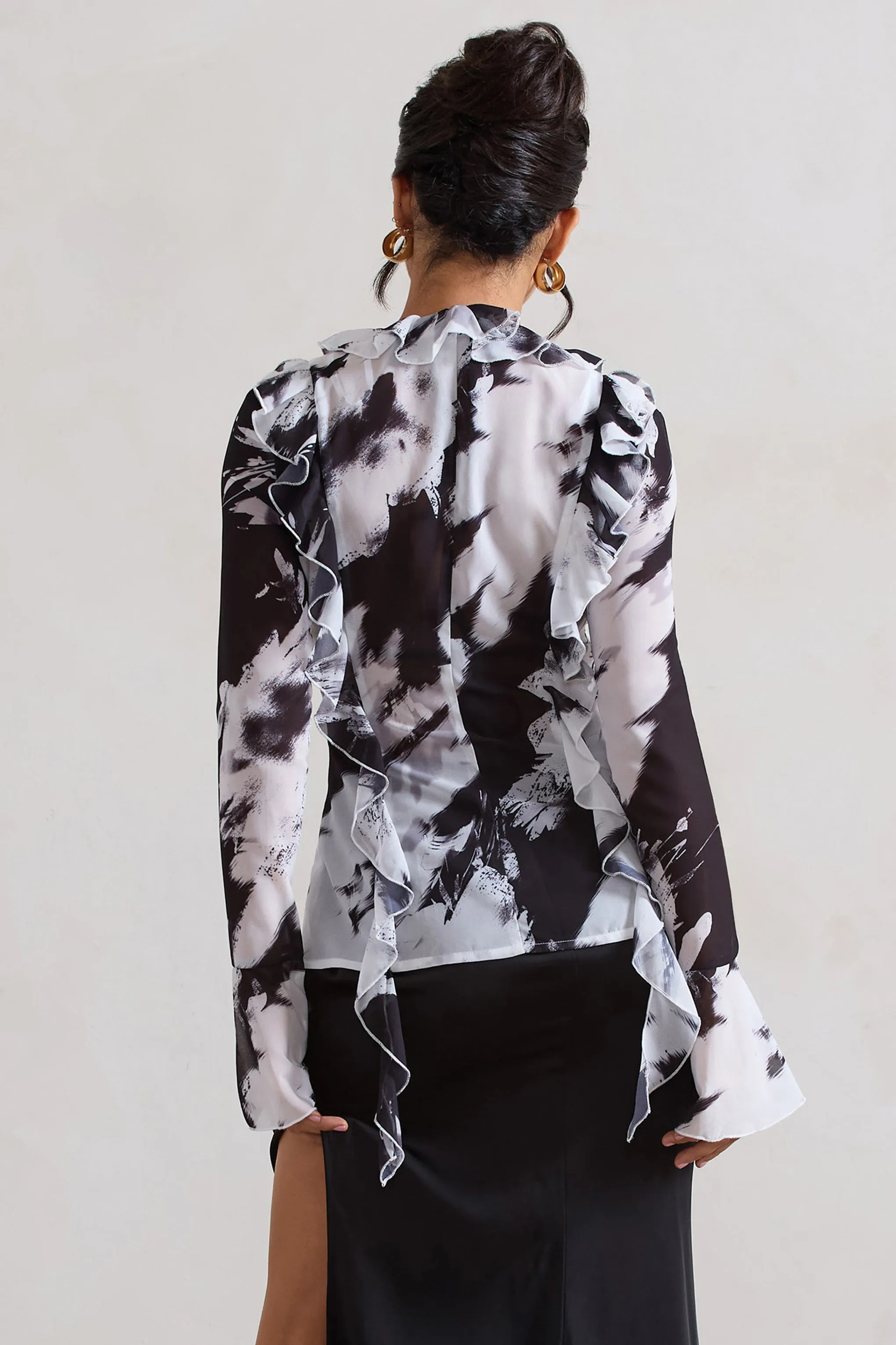 Milan | Monochrome Floral Print Ruffle Tie-Front Blouse