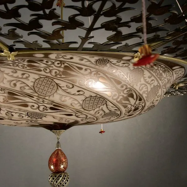 Murano Glass Fortuny-Style Pendant Light With Metal Disc
