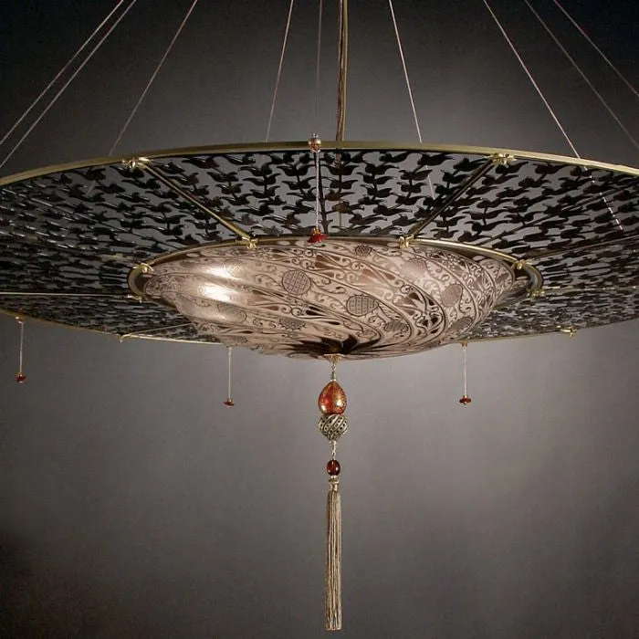 Murano Glass Fortuny-Style Pendant Light With Metal Disc
