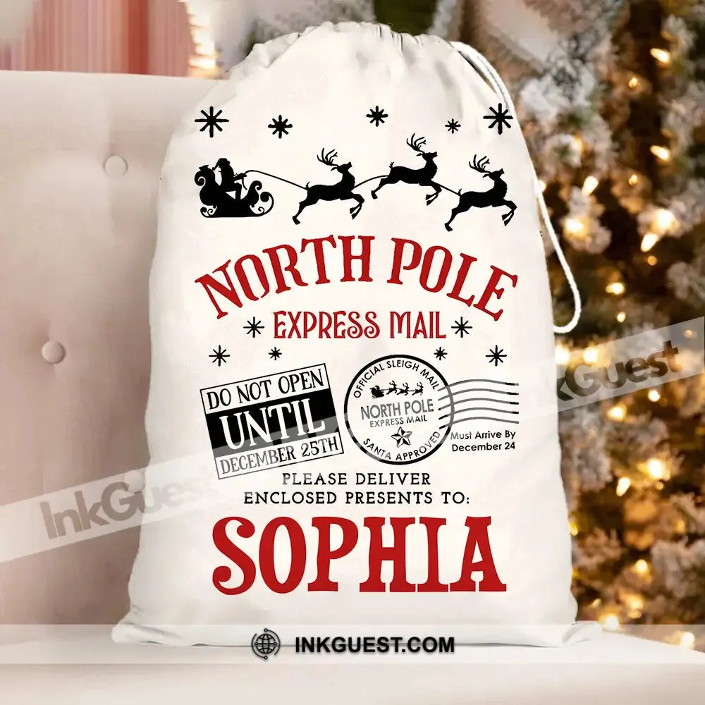 North Pole Bag Custom Name, Personalized String Bag, Christmas Gift