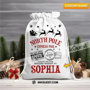 North Pole Bag Custom Name, Personalized String Bag, Christmas Gift