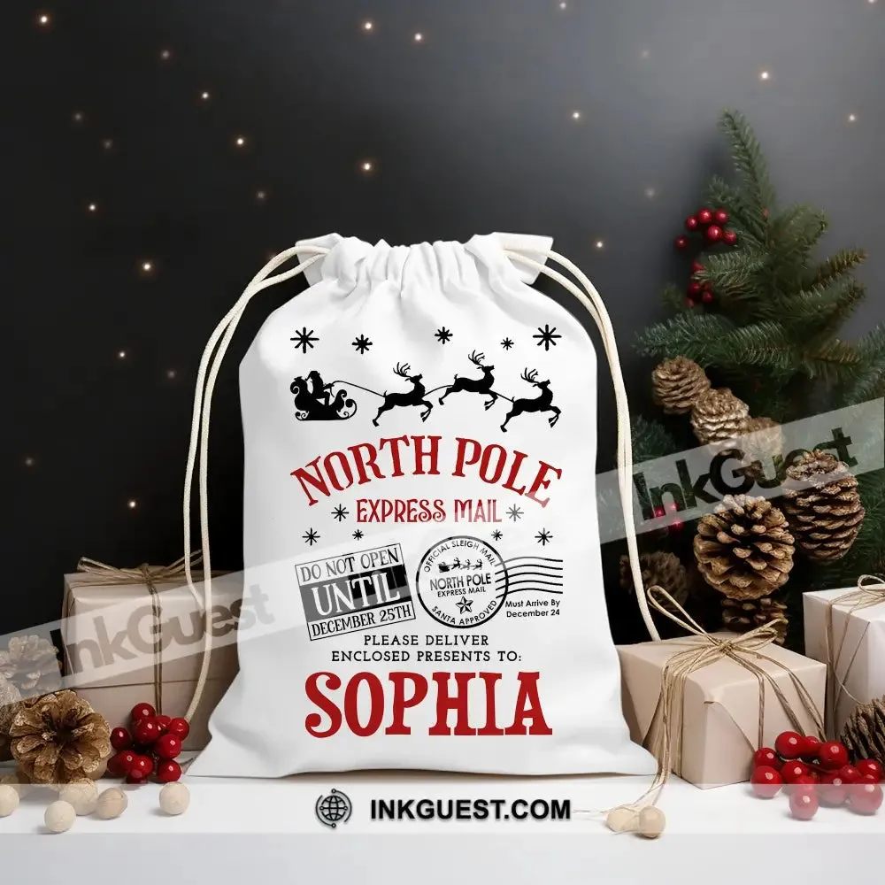 North Pole Bag Custom Name, Personalized String Bag, Christmas Gift