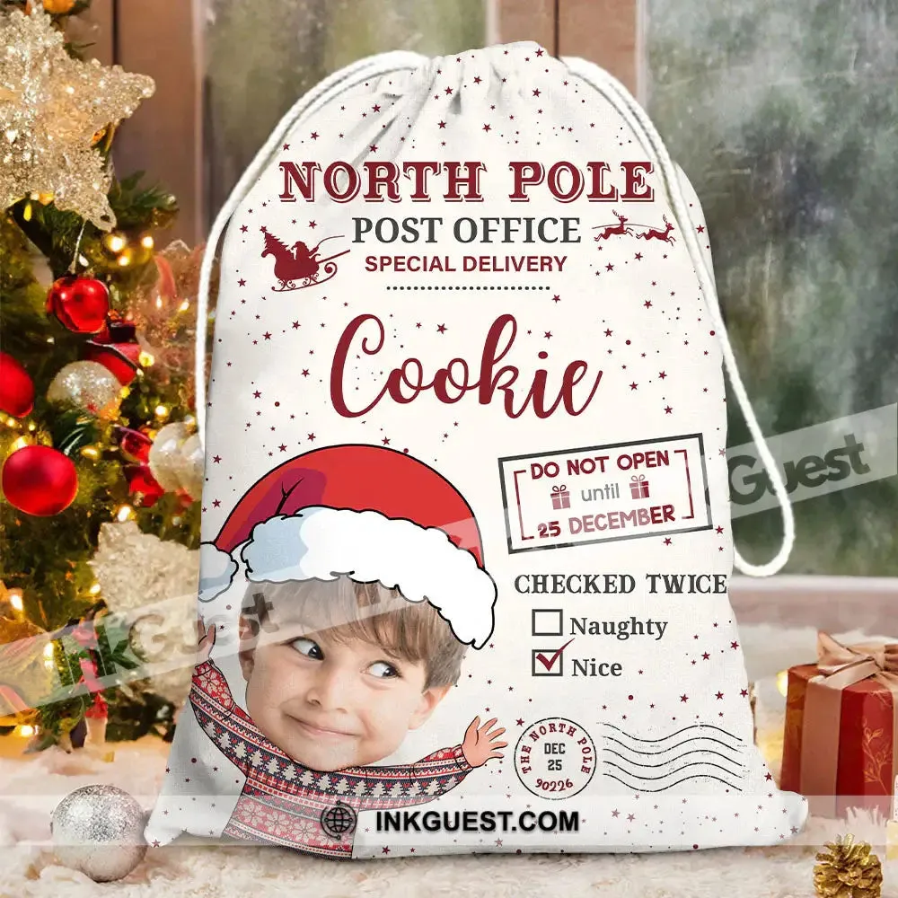 North Pole Post Office Special Delivery Face Photo- Personalized String Bag, Christmas Gift, Gift For Family