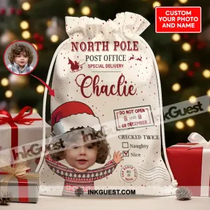 North Pole Post Office Special Delivery Face Photo- Personalized String Bag, Christmas Gift, Gift For Family